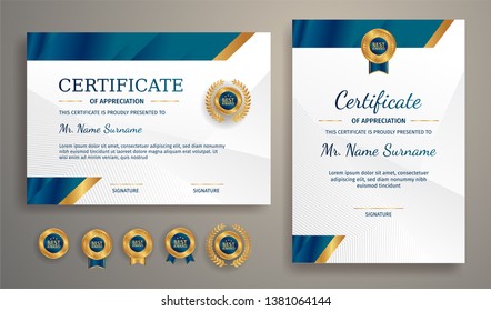 Certificate of appreciation template, gold and blue color. Clean modern certificate with gold badge. Certificate border template with luxury and modern line pattern. Diploma vector template