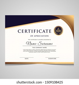 Certificate of appreciation template, gold and blue color. Clean modern certificate with gold badge. Certificate border template with luxury and modern line pattern. Diploma vector template