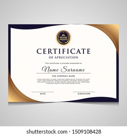 Certificate Of Appreciation Template, Gold And Blue Color. Clean Modern Certificate With Gold Badge. Certificate Border Template With Luxury And Modern Line Pattern. Diploma Vector Template