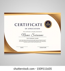 Certificate of appreciation template, gold and blue color. Clean modern certificate with gold badge. Certificate border template with luxury and modern line pattern. Diploma vector template