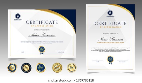 Certificate of appreciation template, gold and blue color. Clean modern certificate with gold badge. Certificate border template with luxury and modern line pattern. Diploma vector template