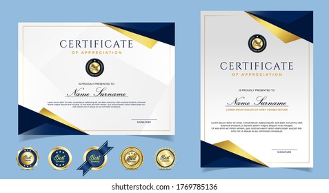 Certificate of appreciation template, gold and blue color. Clean modern certificate with gold badge. Certificate border template with luxury and modern line pattern. Diploma vector template