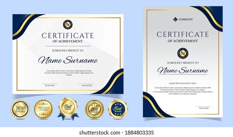 Certificate of appreciation template, gold and blue color. Clean modern certificate with gold badge. Certificate border template with luxury and modern line pattern. Diploma vector template