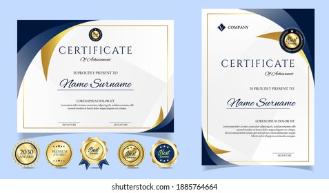 Certificate of appreciation template, gold and blue color. Clean modern certificate with gold badge. Certificate border template with luxury and modern line pattern. Diploma vector template