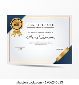  Certificate of appreciation template, gold and blue color. Clean modern certificate with gold badge. Certificate border template with luxury and modern line pattern. Diploma vector template