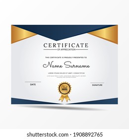 Certificate Appreciation Template Gold Blue Color Stock Vector (Royalty ...