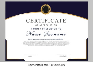 Certificate of appreciation template, gold and blue dark color. Clean modern certificate with gold badge. Certificate border template with luxury and modern line pattern. Diploma vector template