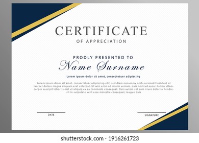 Certificate of appreciation template, gold and blue color. Clean modern certificate with gold badge. Certificate border template with luxury and modern line pattern. Diploma vector template