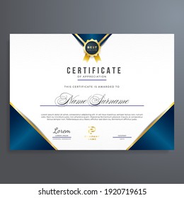Certificate of appreciation template with gold and blue color, simple and elegant design
