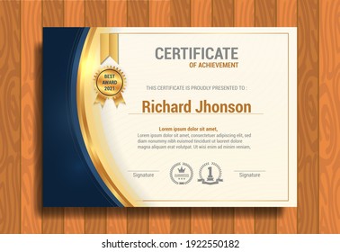 Certificate of appreciation template, gold and blue color. Clean modern certificate with gold badge. Certificate border template with luxury and modern line pattern. Diploma vector template