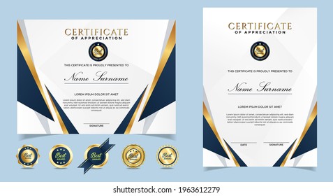 Certificate of appreciation template, gold and blue color. Clean modern certificate with gold badge. Certificate border template with luxury and modern line pattern. Diploma vector template