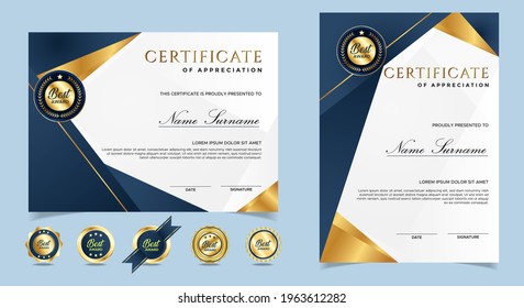 Certificate of appreciation template, gold and blue color. Clean modern certificate with gold badge. Certificate border template with luxury and modern line pattern. Diploma vector template