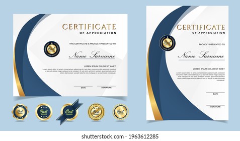 Certificate of appreciation template, gold and blue color. Clean modern certificate with gold badge. Certificate border template with luxury and modern line pattern. Diploma vector template