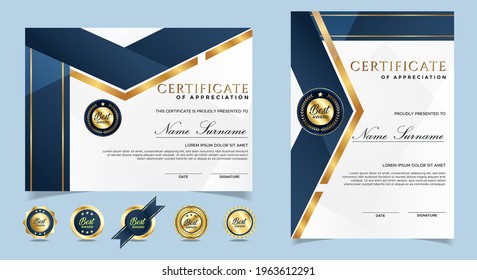 Certificate of appreciation template, gold and blue color. Clean modern certificate with gold badge. Certificate border template with luxury and modern line pattern. Diploma vector template