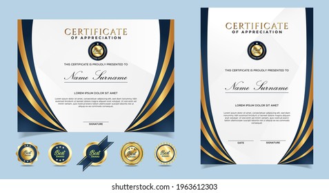 Certificate of appreciation template, gold and blue color. Clean modern certificate with gold badge. Certificate border template with luxury and modern line pattern. Diploma vector template