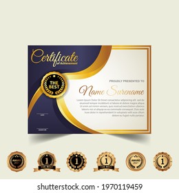 Certificate of appreciation template, gold and blue color. Clean modern certificate with gold badge. Certificate border template with luxury and modern line pattern. Diploma vector template