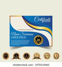 Certificate of appreciation template, gold and blue color. Clean modern certificate with gold badge. Certificate border template with luxury and modern line pattern. Diploma vector template