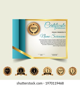 Certificate of appreciation template, gold and blue color. Clean modern certificate with gold badge. Certificate border template with luxury and modern line pattern. Diploma vector template