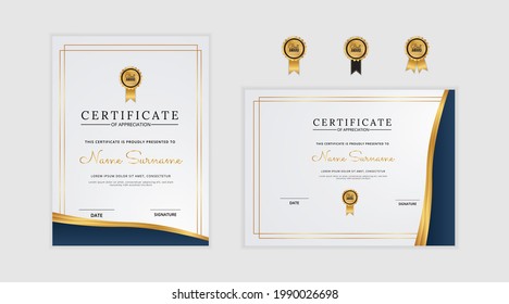  Certificate of appreciation template, gold and blue color. Clean modern certificate with gold badge. Certificate border template with luxury and modern line pattern. Diploma vector template
