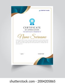 Certificate of appreciation template, gold and blue color. Clean modern certificate with gold badge. Certificate border template with luxury and modern line pattern. Diploma vector  template