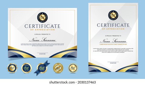 Plantilla de certificado de apreciación, dorado y azul. Certificado moderno limpio con insignia de oro. Plantilla de borde de certificado con diseño de línea de lujo y moderno. Plantilla vectorial de diploma.