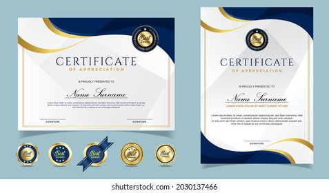 Certificate of appreciation template, gold and blue color. Clean modern certificate with gold badge. Certificate border template with luxury and modern line pattern. Diploma vector template.