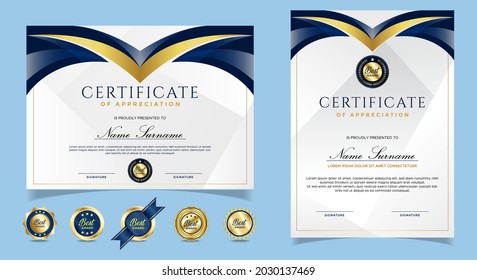Certificate of appreciation template, gold and blue color. Clean modern certificate with gold badge. Certificate border template with luxury and modern line pattern. Diploma vector template.