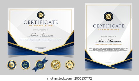 Certificate of appreciation template, gold and blue color. Clean modern certificate with gold badge. Certificate border template with luxury and modern line pattern. Diploma vector template.