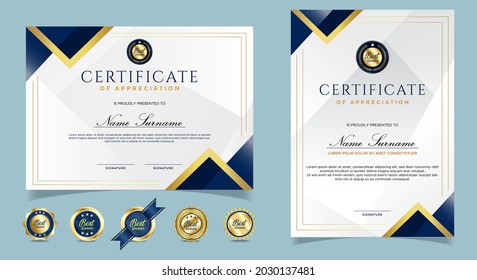 Certificate of appreciation template, gold and blue color. Clean modern certificate with gold badge. Certificate border template with luxury and modern line pattern. Diploma vector template.