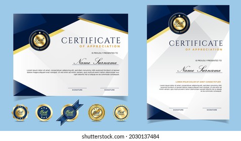 Certificate of appreciation template, gold and blue color. Clean modern certificate with gold badge. Certificate border template with luxury and modern line pattern. Diploma vector template.