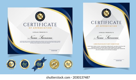 Certificate of appreciation template, gold and blue color. Clean modern certificate with gold badge. Certificate border template with luxury and modern line pattern. Diploma vector template.