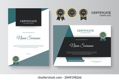 Certificate of appreciation template, gold and blue color. Clean modern certificate with gold badge. Certificate border template with luxury and modern line pattern. Diploma vector template