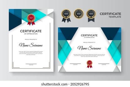 Plantilla de certificado de apreciación, color dorado y verde azul. Certificado moderno limpio con insignia de oro. Plantilla de borde de certificado con diseño de línea de lujo y moderno. Plantilla vectorial de Diploma