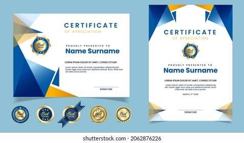 Certificate of appreciation template, gold and blue color. Clean modern certificate with gold badge. Certificate border template with luxury and modern line pattern. Diploma vector template