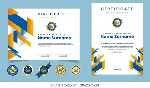Plantilla de certificado de apreciación, dorado y azul. Certificado moderno limpio con insignia de oro. Plantilla de borde de certificado con diseño de línea de lujo y moderno. Plantilla vectorial de Diploma