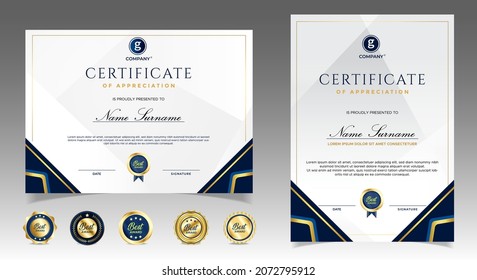 Certificate of appreciation template, gold and blue color. Clean modern certificate with gold badge. Certificate border template with luxury and modern line pattern. Diploma vector template