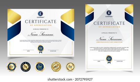 Certificate of appreciation template, gold and blue color. Clean modern certificate with gold badge. Certificate border template with luxury and modern line pattern. Diploma vector template