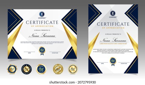 Certificate of appreciation template, gold and blue color. Clean modern certificate with gold badge. Certificate border template with luxury and modern line pattern. Diploma vector template