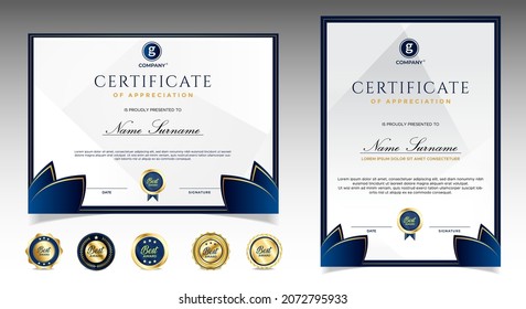 Certificate of appreciation template, gold and blue color. Clean modern certificate with gold badge. Certificate border template with luxury and modern line pattern. Diploma vector template