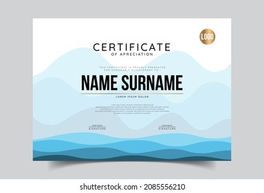 Certificate of appreciation template, gold and blue color. Clean modern certificate with gold badge. Certificate border template with luxury and modern line pattern. Diploma vector template
