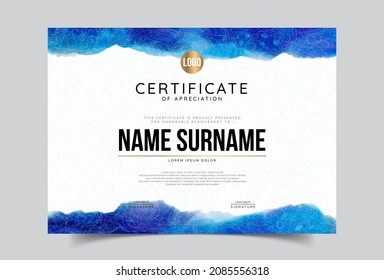 Certificate of appreciation template, gold and blue color. Clean modern certificate with gold badge. Certificate border template with luxury and modern line pattern. Diploma vector template
