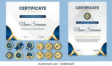 Bescheinigung der Wertschätzung Vorlage, Gold und Blau. Sauberes, modernes Zertifikat mit Goldabzeichen. Zertifikatsgrenzenvorlage mit luxuriösem und modernem Linienmuster. Diplomvektorvorlage