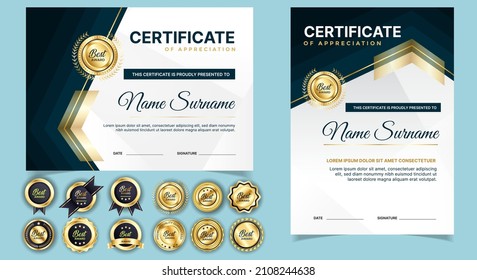 Certificate of appreciation template, gold and blue color. Clean modern certificate with gold badge. Certificate border template with luxury and modern line pattern. Diploma vector template