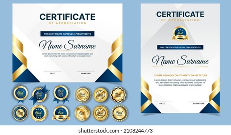 Certificate of appreciation template, gold and blue color. Clean modern certificate with gold badge. Certificate border template with luxury and modern line pattern. Diploma vector template