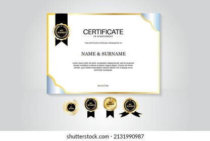 Plantilla de certificado de apreciación, dorado y azul. Certificado moderno limpio con insignia de oro. Plantilla de borde de certificado con diseño de línea de lujo y moderno. Plantilla vectorial de Diploma