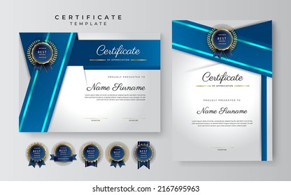 Certificate of appreciation template, gold and blue color. Clean modern certificate with gold badge. Certificate border template with luxury and modern line pattern. Diploma vector template