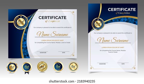 Certificate of appreciation template, gold and blue color. Clean modern certificate with gold badge. Certificate border template with luxury and modern line pattern. Diploma vector template
