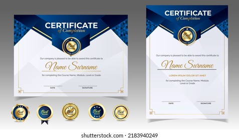 Certificate of appreciation template, gold and blue color. Clean modern certificate with gold badge. Certificate border template with luxury and modern line pattern. Diploma vector template
