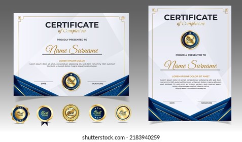 Plantilla de certificado de apreciación, dorado y azul. Certificado moderno limpio con insignia de oro. Plantilla de borde de certificado con diseño de línea de lujo y moderno. Plantilla vectorial de Diploma
