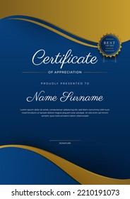 Certificate of appreciation template, gold and blue color. Clean modern certificate with gold badge. Certificate border template with luxury and modern line pattern. Diploma vector template